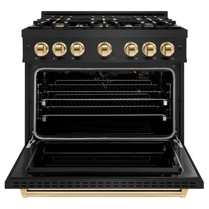 ZLINE Autograph Edition 36 in. 5.2 cu. ft. Classic Gas Range with 6 Burner Cooktop and Convection Gas Oven in Black Stainless Steel and Polished Gold Accents (CGRBZ-36-G) front, oven open.