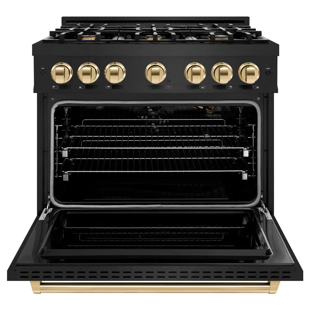 ZLINE Autograph Edition 36 in. 5.2 cu. ft. Classic Gas Range with 6 Burner Cooktop and Convection Gas Oven in Black Stainless Steel and Polished Gold Accents (CGRBZ-36-G) front, oven open.