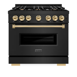 ZLINE Autograph Edition 36 in. 5.2 cu. ft. Classic Gas Range with 6 Burner Cooktop and Convection Gas Oven in Black Stainless Steel and Polished Gold Accents (CGRBZ-36-G) front, oven closed.