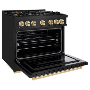 ZLINE Autograph Edition 36 in. 5.2 cu. ft. Classic Gas Range with 6 Burner Cooktop and Convection Gas Oven in Black Stainless Steel and Polished Gold Accents (CGRBZ-36-G) side, open.