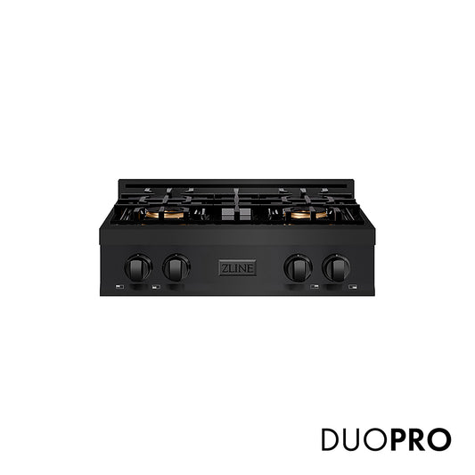 ZLINE 30 in. Classic Gas Rangetop with 4 Burner DuoPro™ Cooktop in Black Stainless Steel (PCRTB-30) front, with DuoPro™ logo.