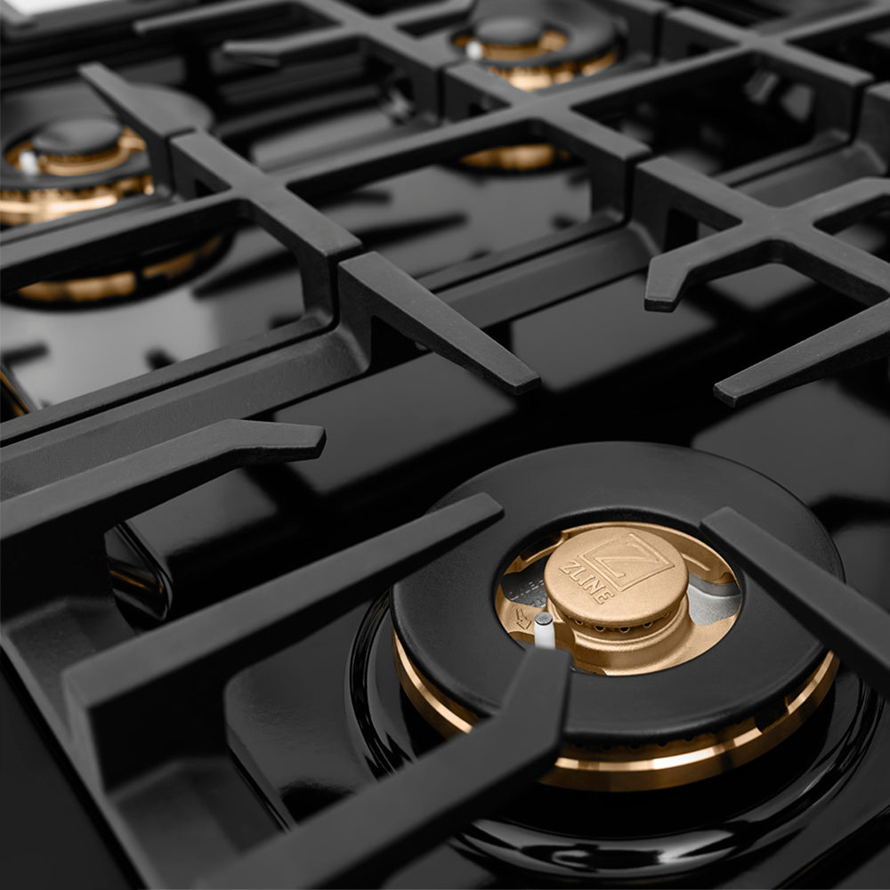 ZLINE Autograph Edition 30 in. Classic Gas Rangetop with 4 Burner DuoPro™ Cooktop in Black Stainless Steel and Champagne Bronze Accents (PCRTBZ-30-CB) DuoPro brass burner and grates close-up.