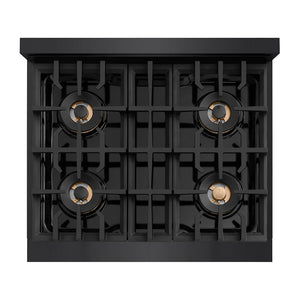 ZLINE Autograph Edition 30 in. Classic Gas Rangetop with 4 Burner DuoPro™ Cooktop in Black Stainless Steel and Champagne Bronze Accents (PCRTBZ-30-CB) top-down, above cooktop.