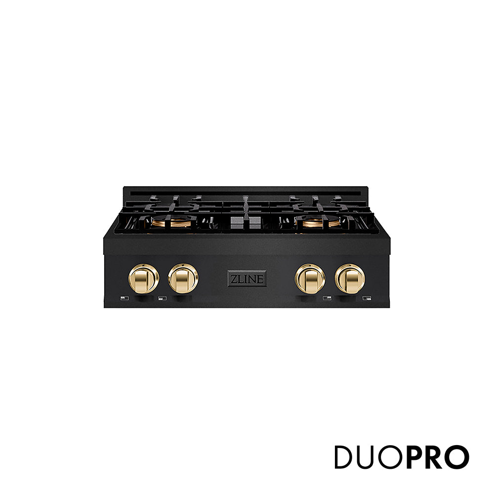 ZLINE Autograph Edition 30 in. Classic Gas Rangetop with 4 Burner DuoPro™ Cooktop in Black Stainless Steel and Polished Gold Accents (PCRTBZ-30-G)
