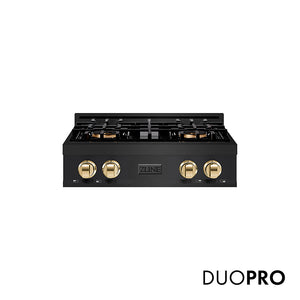 ZLINE Autograph Edition 30 in. Classic Gas Rangetop with 4 Burner DuoPro™ Cooktop in Black Stainless Steel and Polished Gold Accents (PCRTBZ-30-G)