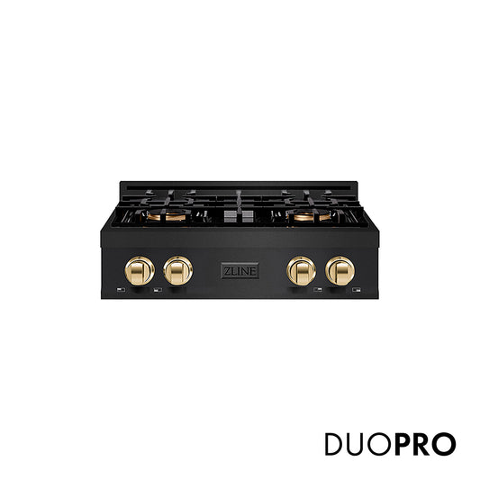ZLINE Autograph Edition 30 in. Classic Gas Rangetop with 4 Burner DuoPro™ Cooktop in Black Stainless Steel and Polished Gold Accents (PCRTBZ-30-G)