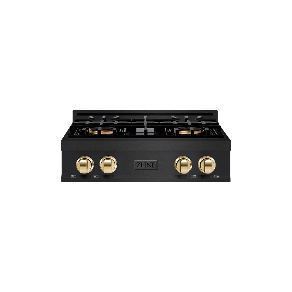 ZLINE Autograph Edition 30 in. Classic Gas Rangetop with 4 Burner DuoPro™ Cooktop in Black Stainless Steel and Polished Gold Accents (PCRTBZ-30-G)