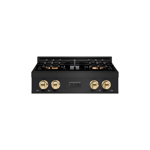 ZLINE Autograph Edition 30 in. Classic Gas Rangetop with 4 Burner DuoPro™ Cooktop in Black Stainless Steel and Polished Gold Accents (PCRTBZ-30-G)