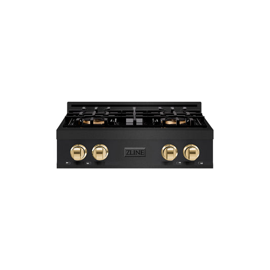 ZLINE Autograph Edition 30 in. Classic Gas Rangetop with 4 Burner DuoPro™ Cooktop in Black Stainless Steel and Polished Gold Accents (PCRTBZ-30-G)
