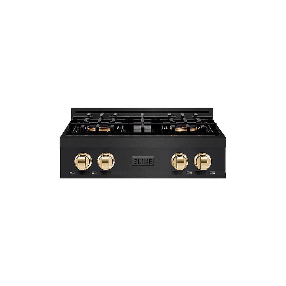 ZLINE Autograph Edition 30 in. Classic Gas Rangetop with 4 Burner DuoPro™ Cooktop in Black Stainless Steel and Polished Gold Accents (PCRTBZ-30-G)