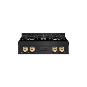 ZLINE Autograph Edition 30 in. Classic Gas Rangetop with 4 Burner DuoPro™ Cooktop in Black Stainless Steel and Polished Gold Accents (PCRTBZ-30-G)