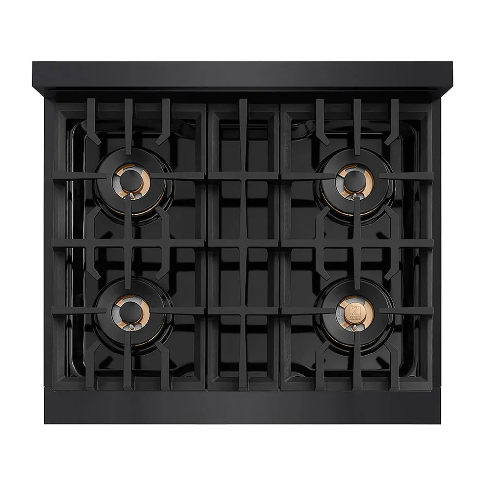 ZLINE Autograph Edition 30 in. Classic Gas Rangetop with 4 Burner DuoPro™ Cooktop in Black Stainless Steel and Polished Gold Accents (PCRTBZ-30-G) top-down, above cooktop.