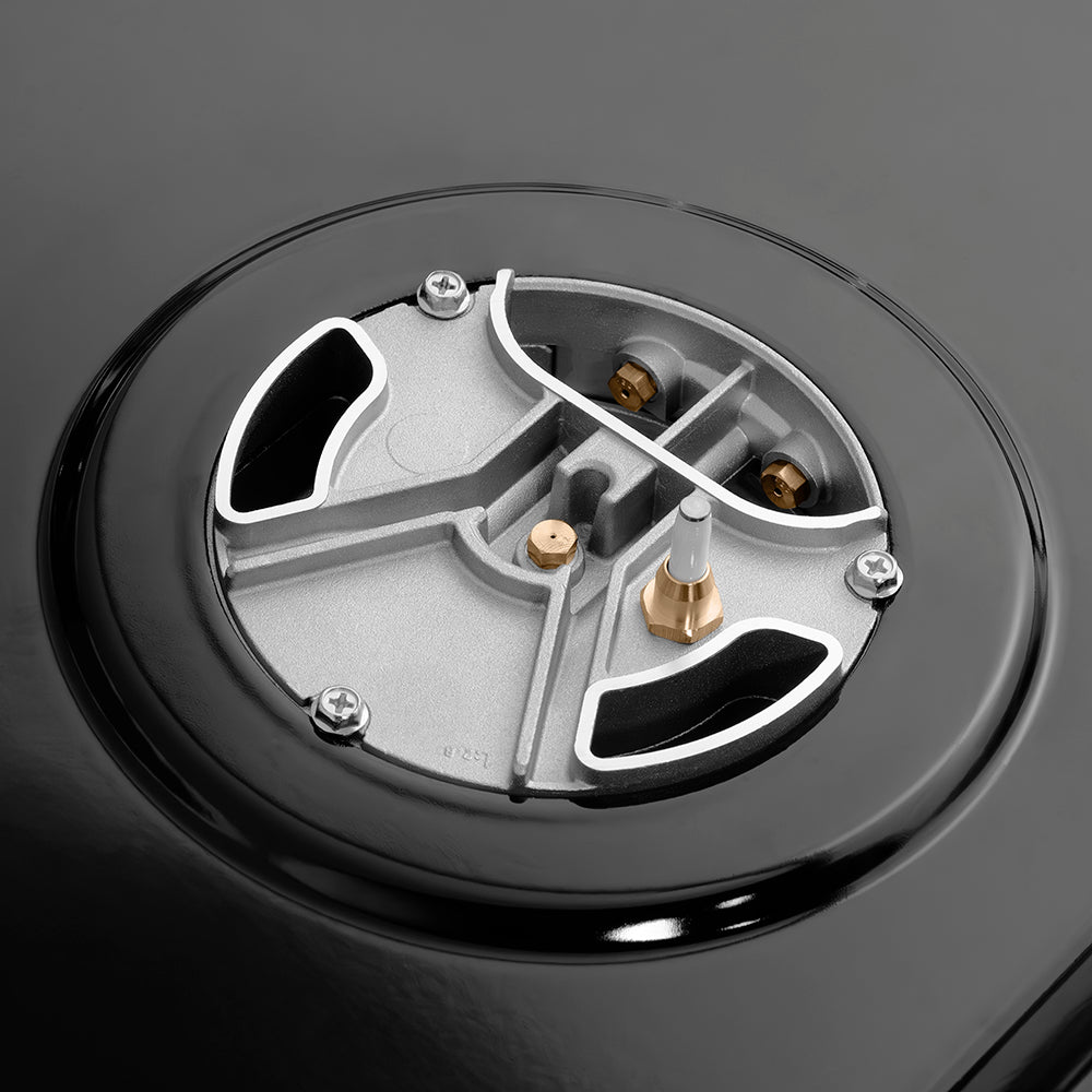 ZLINE Autograph Edition 30 in. Classic Gas Rangetop with 4 Burner DuoPro™ Cooktop in Black Stainless Steel and Polished Gold Accents (PCRTBZ-30-G) under DuoPro brass burner close-up.