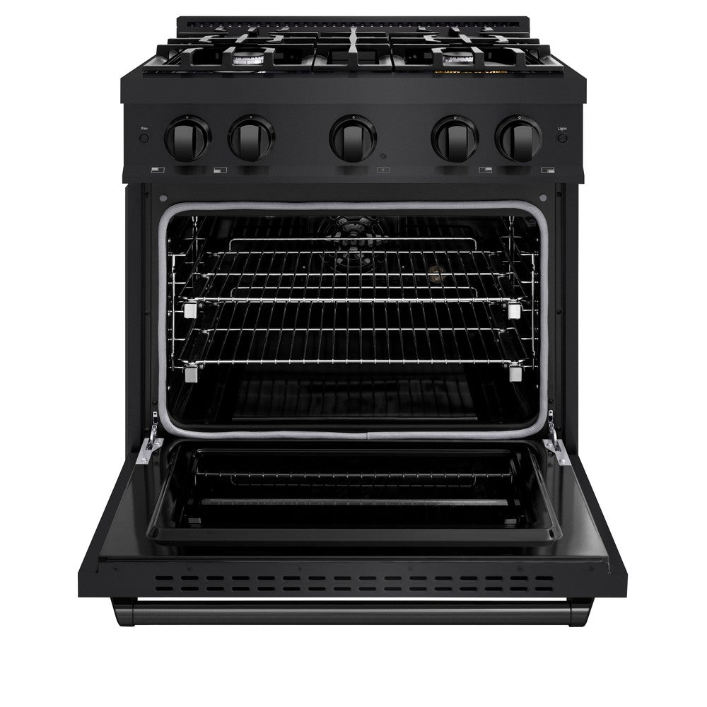 ZLINE 30 in. 4.2 cu. ft. Classic Dual Fuel Range with 4 Burner Gas Cooktop and Electric Convection Oven in Black Stainless Steel (CDRB-30) front, oven open.