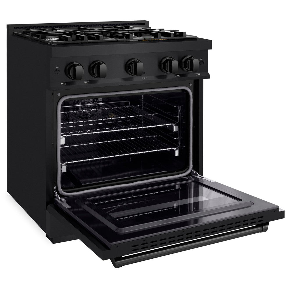 ZLINE 30 in. 4.2 cu. ft. Classic Dual Fuel Range with 4 Burner Gas Cooktop and Electric Convection Oven in Black Stainless Steel (CDRB-30) side, oven open.