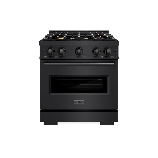 ZLINE 30 in. 4.2 cu. ft. Classic Gas Range with Convection Gas Oven in Black Stainless Steel with 4 Brass Burners (CGRB-BR-30) front.