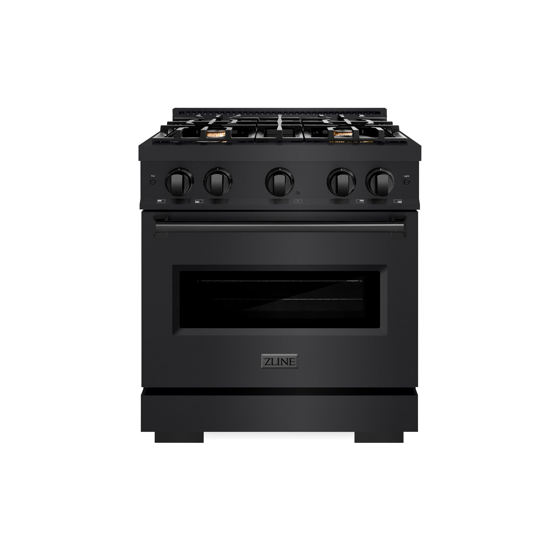 ZLINE 30 in. 4.2 cu. ft. Classic Dual Fuel Range with Gas Cooktop and Electric Convection Oven in Black Stainless Steel with 4 Brass Burners (CDRB-BR-30) front.