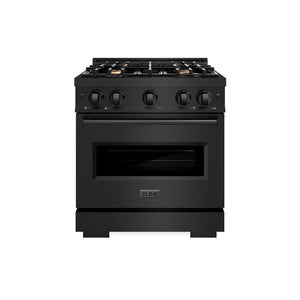 ZLINE 30 in. 4.2 cu. ft. Classic Dual Fuel Range with Gas Cooktop and Electric Convection Oven in Black Stainless Steel with 4 Brass Burners (CDRB-BR-30) front, oven closed.