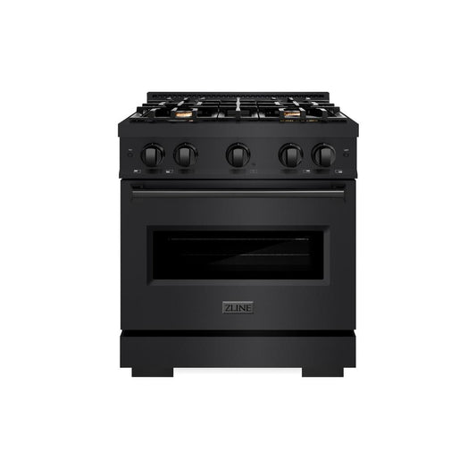 ZLINE 30 in. 4.2 cu. ft. Classic Dual Fuel Range with Gas Cooktop and Electric Convection Oven in Black Stainless Steel with 4 Brass Burners (CDRB-BR-30) front, oven closed.