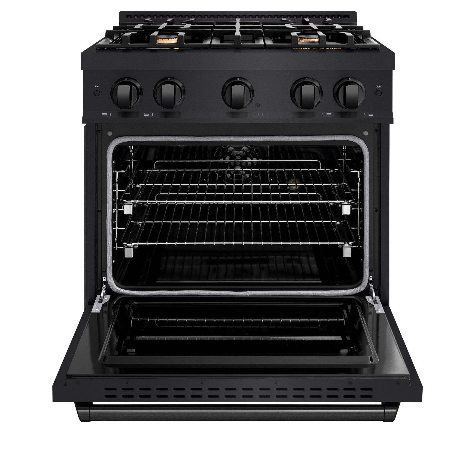 ZLINE 30 in. 4.2 cu. ft. Classic Gas Range with Convection Gas Oven in Black Stainless Steel with 4 Brass Burners (CGRB-BR-30) front, oven open.