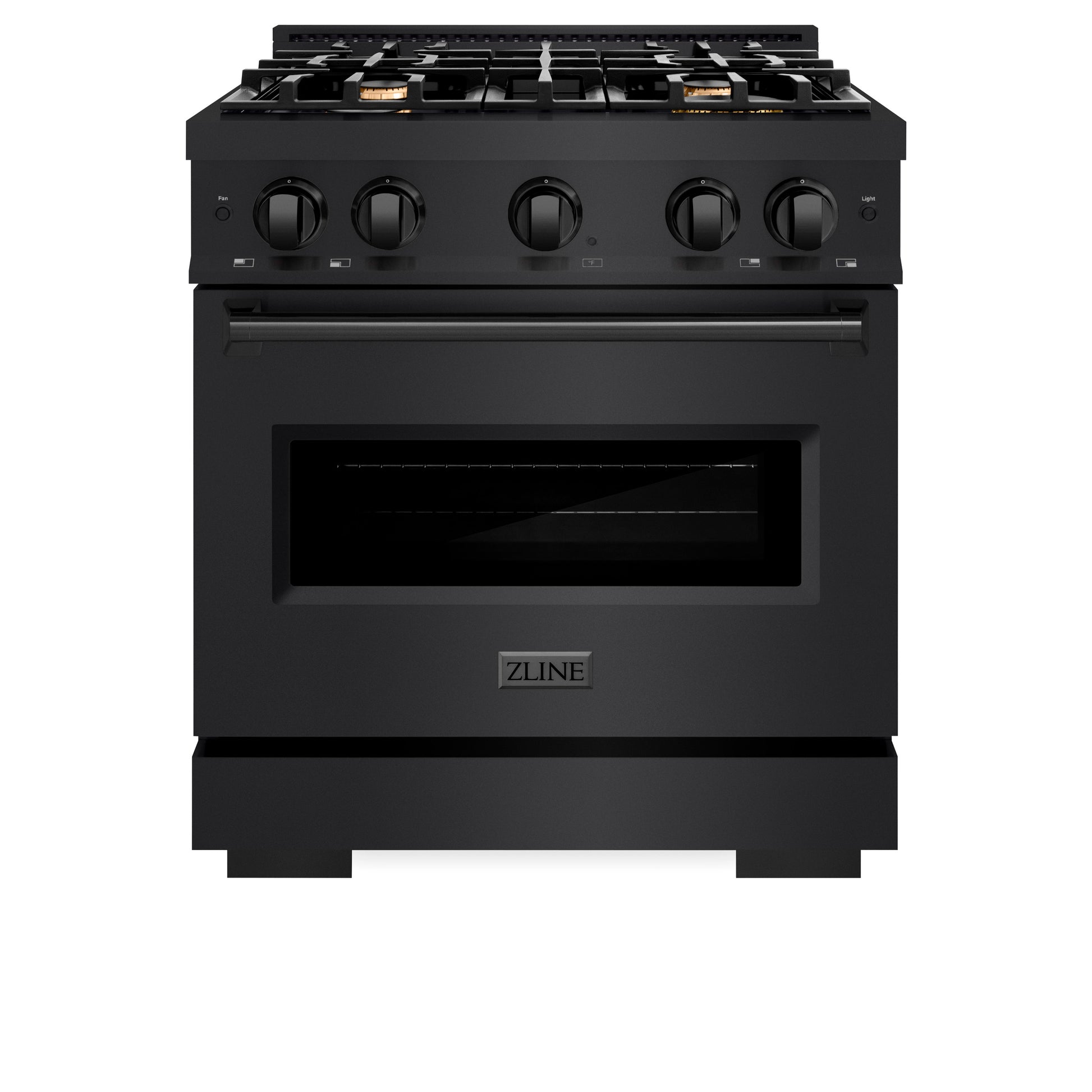 ZLINE 30 in. 4.2 cu. ft. Classic Gas Range with Convection Gas Oven in Black Stainless Steel with 4 Brass Burners (CGRB-BR-30) front, oven closed.