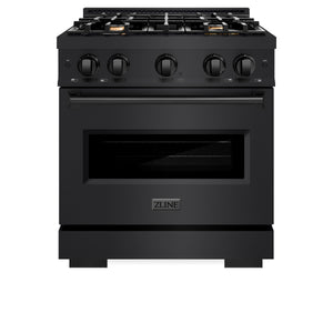 ZLINE 30 in. 4.2 cu. ft. Classic Gas Range with Convection Gas Oven in Black Stainless Steel with 4 Brass Burners (CGRB-BR-30) front, oven closed.