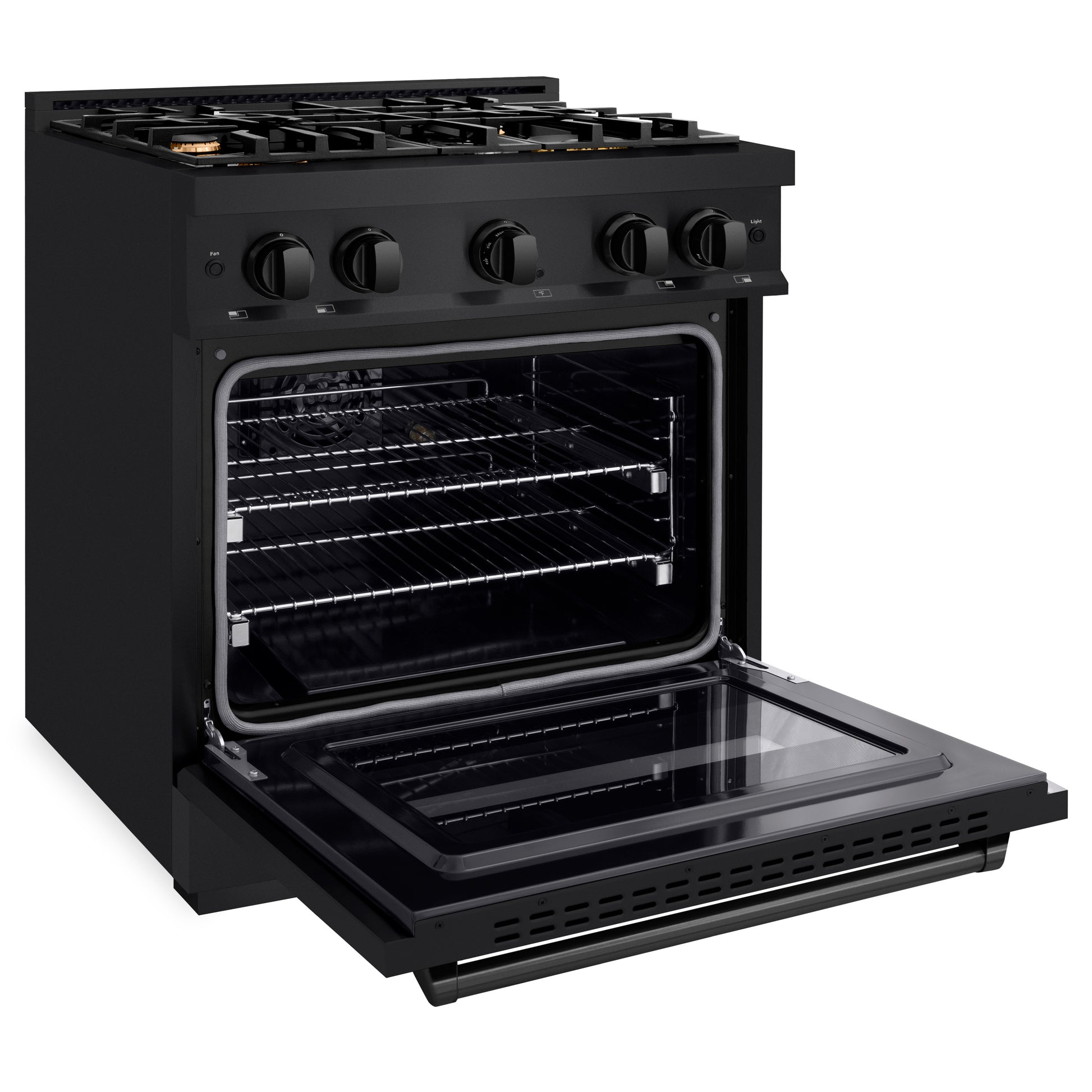 ZLINE 30 in. 4.2 cu. ft. Classic Gas Range with Convection Gas Oven in Black Stainless Steel with 4 Brass Burners (CGRB-BR-30) side, open.