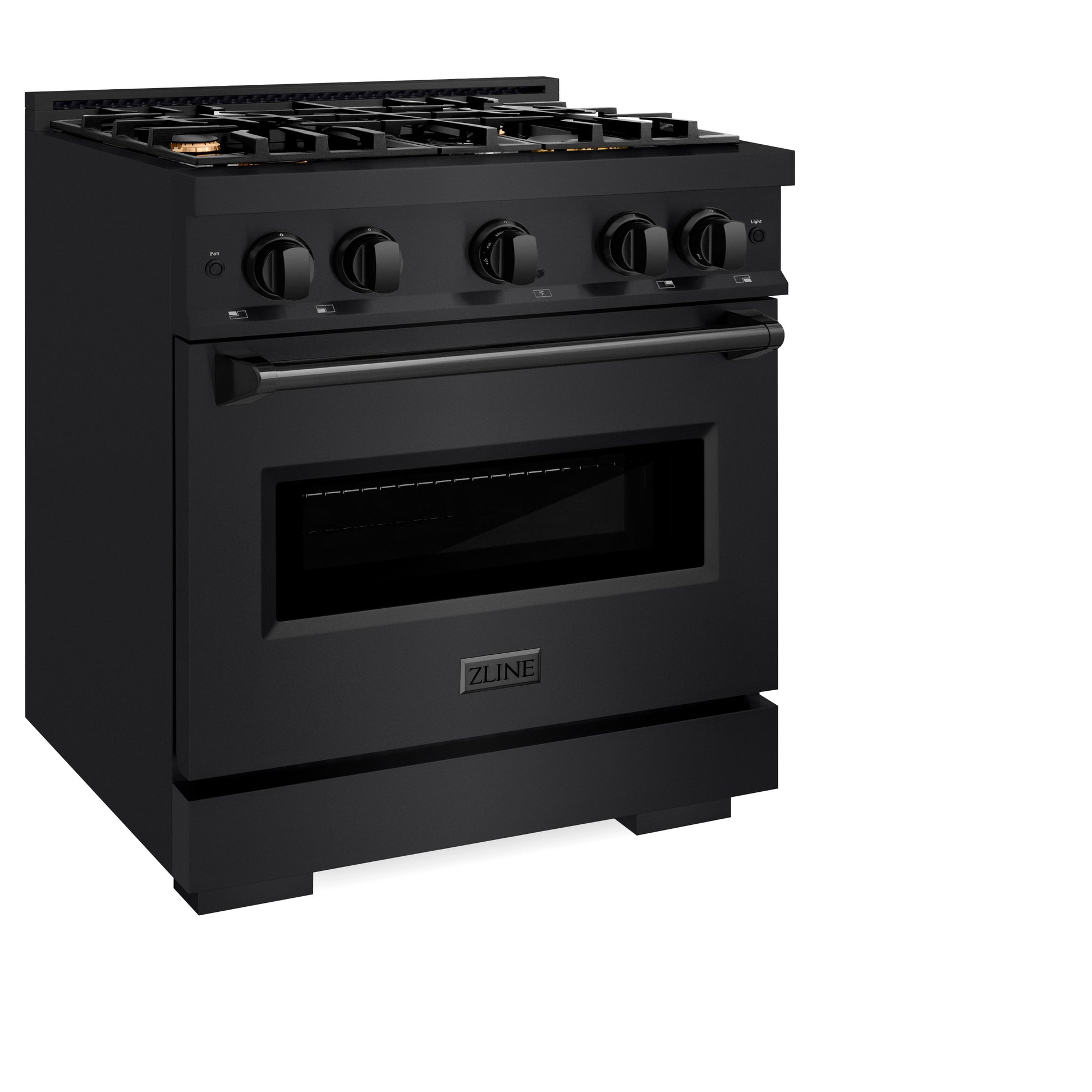 ZLINE 30 in. 4.2 cu. ft. Classic Gas Range with Convection Gas Oven in Black Stainless Steel with 4 Brass Burners (CGRB-BR-30) side, oven closed.