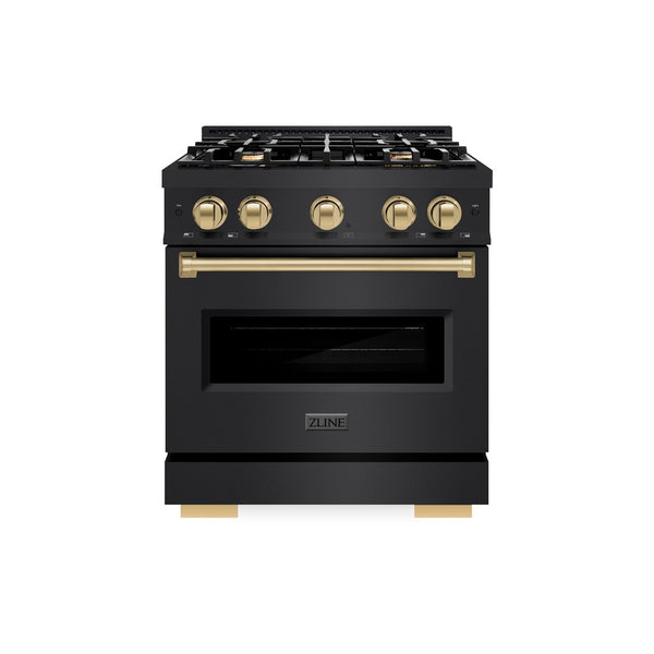 ZLINE Autograph Edition 30 in. 4.2 cu. ft. Classic Dual Fuel Range with 4 Burner Gas Cooktop and Electric Convection Oven in Satin Stainless Steel with Champagne Bronze Accents, Open Box-Great Condition