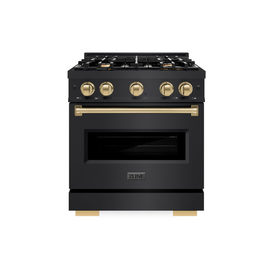 ZLINE Autograph Edition 30 in. 4.2 cu. ft. Classic Dual Fuel Range with 4 Burner Gas Cooktop and Electric Convection Oven in Black Stainless Steel with Champagne Bronze Accents (CDRBZ-30-CB)