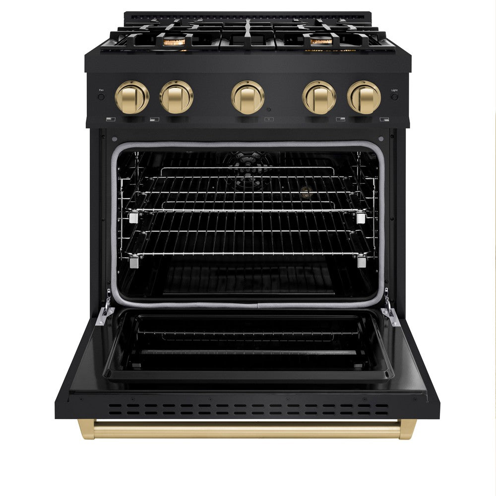 ZLINE Autograph Edition 30 in. 4.2 cu. ft. Classic Dual Fuel Range with 4 Burner Gas Cooktop and Electric Convection Oven in Black Stainless Steel with Champagne Bronze Accents (CDRBZ-30-CB) front, open.