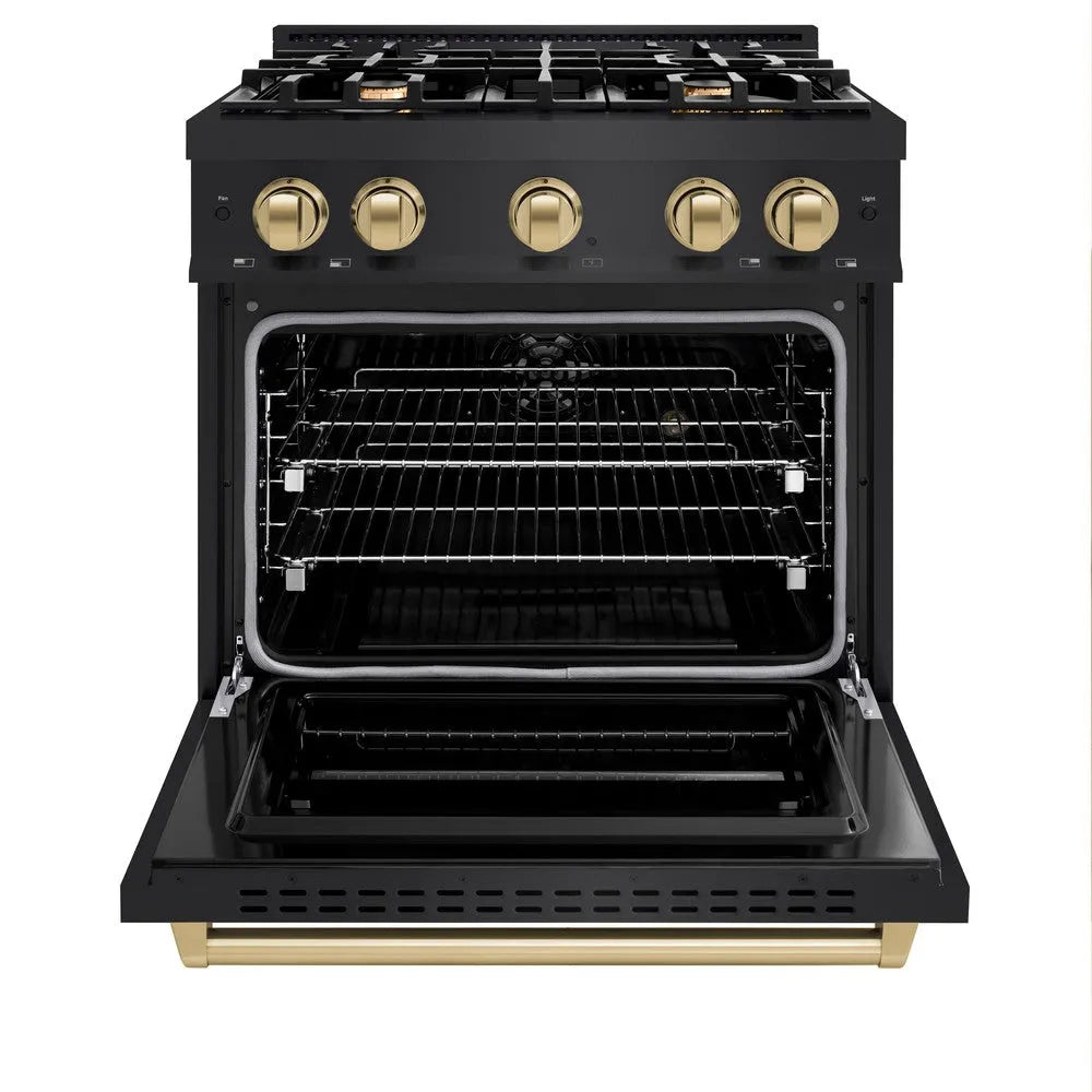 ZLINE Autograph Edition 30 in. 4.2 cu. ft. Classic Dual Fuel Range with 4 Burner Gas Cooktop and Electric Convection Oven in Black Stainless Steel with Champagne Bronze Accents (CDRBZ-30-CB) front, oven open.