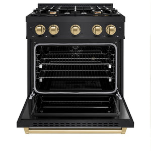 ZLINE Autograph Edition 30 in. 4.2 cu. ft. Classic Dual Fuel Range with 4 Burner Gas Cooktop and Electric Convection Oven in Black Stainless Steel with Champagne Bronze Accents (CDRBZ-30-CB) front, oven open.
