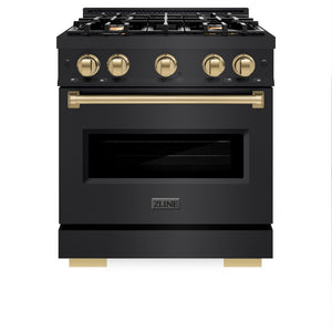 ZLINE Autograph Edition 30 in. 4.2 cu. ft. Classic Dual Fuel Range with 4 Burner Gas Cooktop and Electric Convection Oven in Black Stainless Steel with Champagne Bronze Accents (CDRBZ-30-CB) front, oven closed.