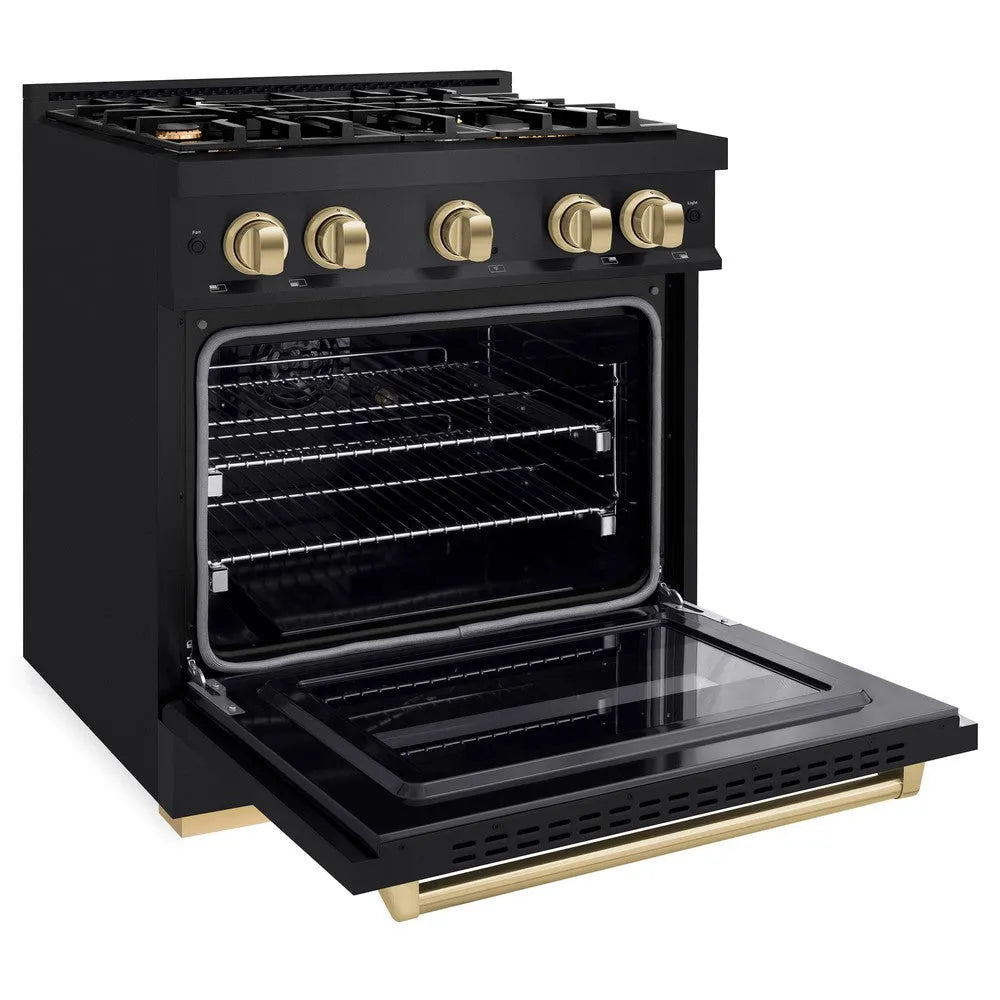 ZLINE Autograph Edition 30 in. 4.2 cu. ft. Classic Dual Fuel Range with 4 Burner Gas Cooktop and Electric Convection Oven in Black Stainless Steel with Champagne Bronze Accents (CDRBZ-30-CB) side, oven open.