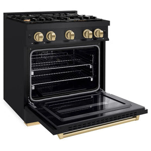 ZLINE Autograph Edition 30 in. 4.2 cu. ft. Classic Dual Fuel Range with 4 Burner Gas Cooktop and Electric Convection Oven in Black Stainless Steel with Champagne Bronze Accents (CDRBZ-30-CB) side, oven open.
