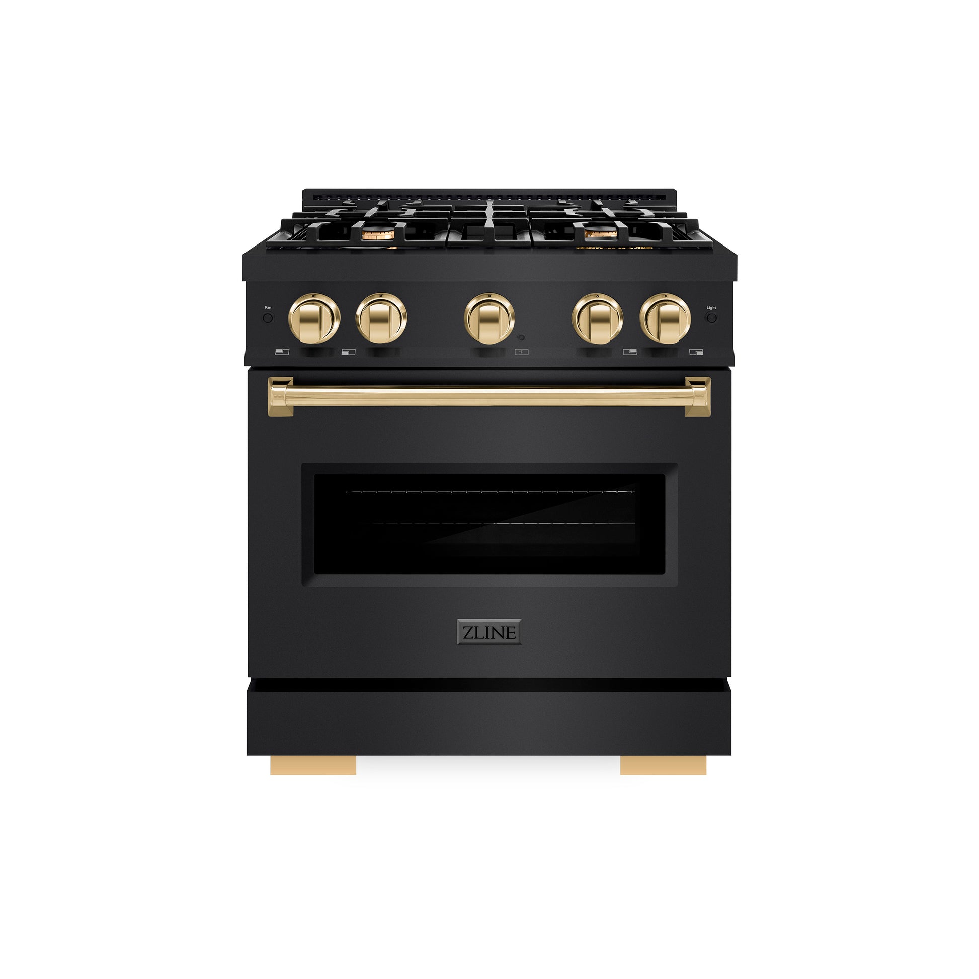 ZLINE Autograph Edition 30 in. 4.2 cu. ft. Classic Dual Fuel Range with 4 Burner Gas Cooktop and Electric Convection Oven in Black Stainless Steel with Polished Gold Accents (CDRBZ-30-G) front.