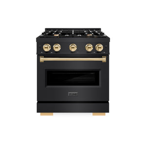 ZLINE Autograph Edition 30 in. 4.2 cu. ft. Classic Dual Fuel Range with 4 Burner Gas Cooktop and Electric Convection Oven in Black Stainless Steel with Polished Gold Accents (CDRBZ-30-G) front, oven closed.