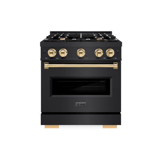 ZLINE Autograph Edition 30 in. 4.2 cu. ft. Classic Dual Fuel Range with 4 Burner Gas Cooktop and Electric Convection Oven in Black Stainless Steel with Polished Gold Accents (CDRBZ-30-G)