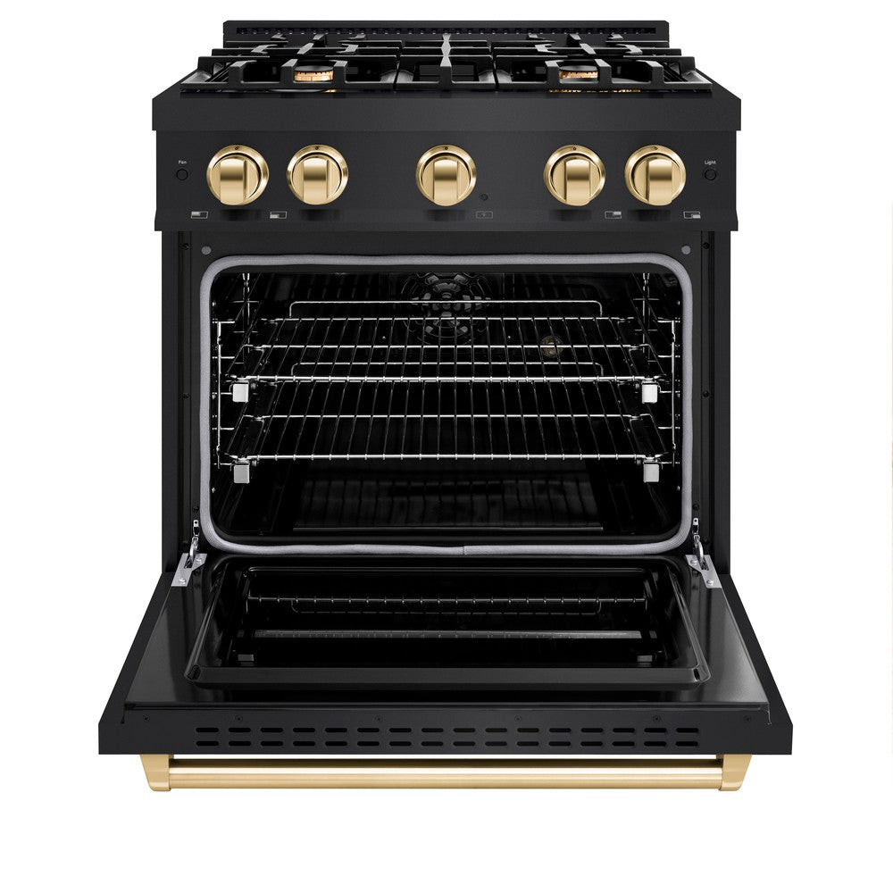 ZLINE Autograph Edition 30 in. 4.2 cu. ft. Classic Dual Fuel Range with 4 Burner Gas Cooktop and Electric Convection Oven in Black Stainless Steel with Polished Gold Accents (CDRBZ-30-G) front, open.