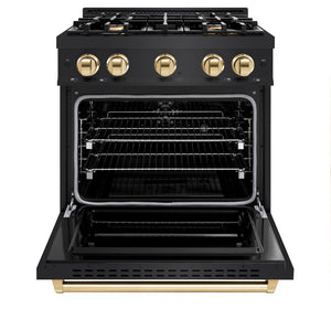 ZLINE Autograph Edition 30 in. 4.2 cu. ft. Classic Dual Fuel Range with 4 Burner Gas Cooktop and Electric Convection Oven in Black Stainless Steel with Polished Gold Accents (CDRBZ-30-G) front, oven open.