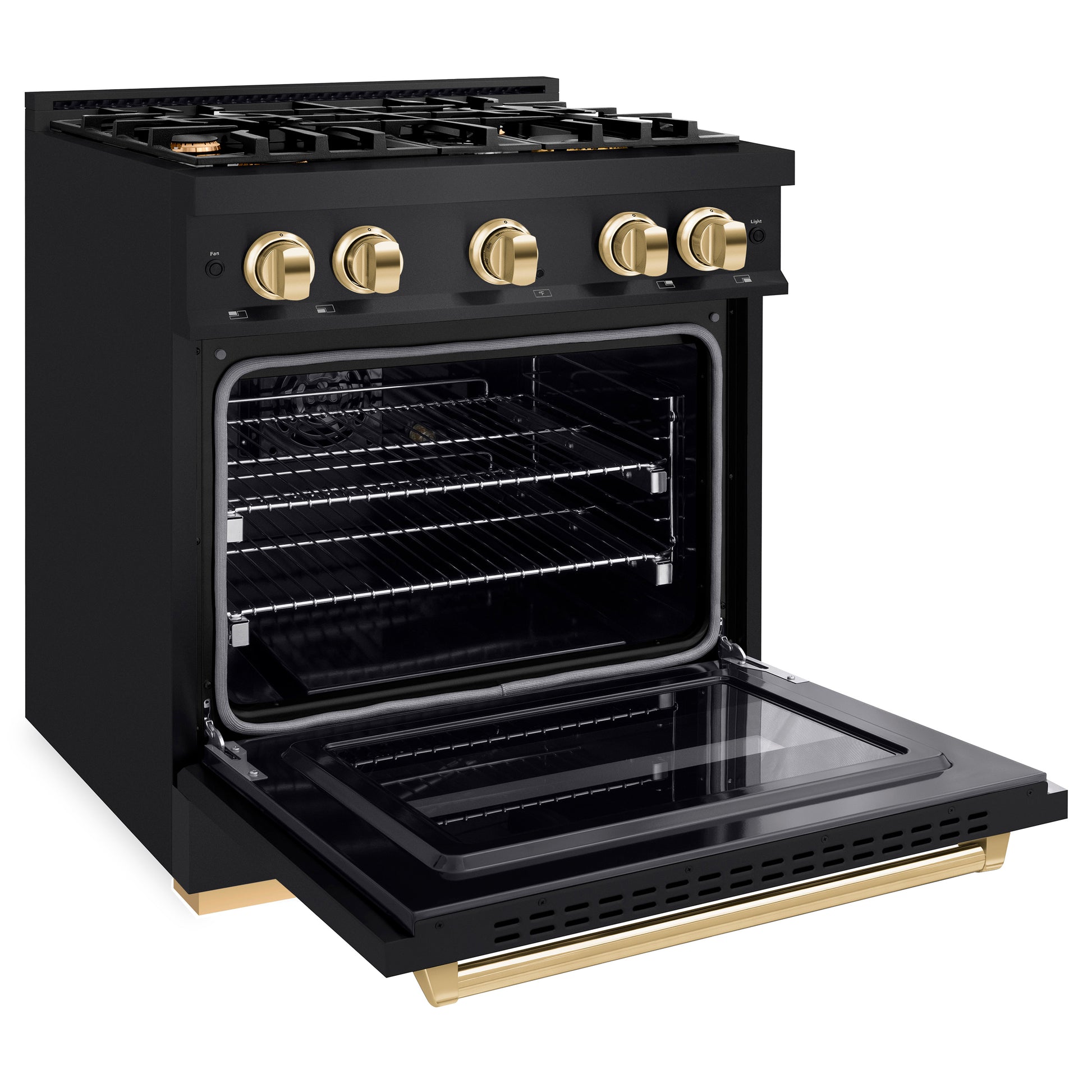 ZLINE Autograph Edition 30 in. 4.2 cu. ft. Classic Dual Fuel Range with 4 Burner Gas Cooktop and Electric Convection Oven in Black Stainless Steel with Polished Gold Accents (CDRBZ-30-G) side, open.