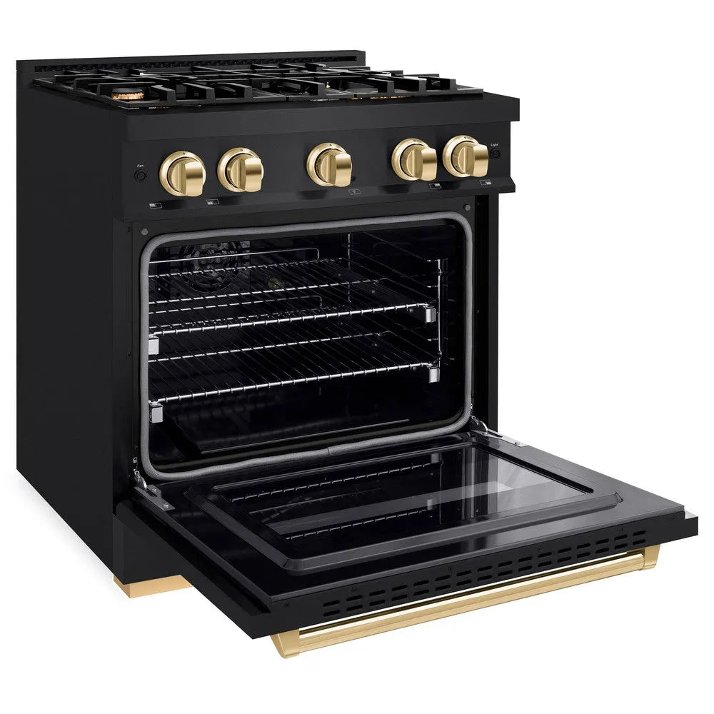 ZLINE Autograph Edition 30 in. 4.2 cu. ft. Classic Dual Fuel Range with 4 Burner Gas Cooktop and Electric Convection Oven in Black Stainless Steel with Polished Gold Accents (CDRBZ-30-G) side, oven open.
