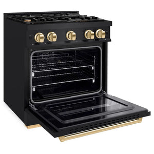 ZLINE Autograph Edition 30 in. 4.2 cu. ft. Classic Dual Fuel Range with 4 Burner Gas Cooktop and Electric Convection Oven in Black Stainless Steel with Polished Gold Accents (CDRBZ-30-G) side, oven open.