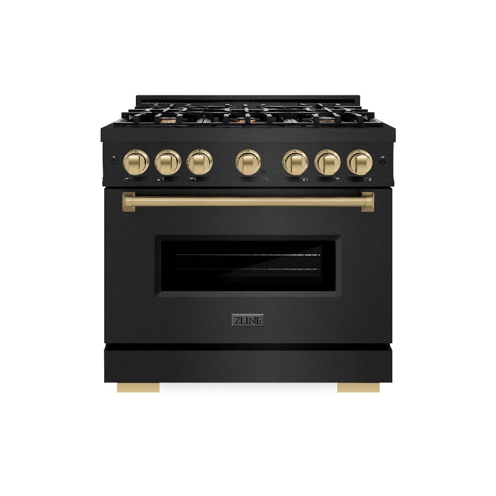 ZLINE Autograph Edition 36 in. 5.2 cu. ft. Classic Dual Fuel Range with 6 Burner Gas Cooktop and Electric Convection Oven in Black Stainless Steel with Champagne Bronze Accents (CDRBZ-36-CB) front.