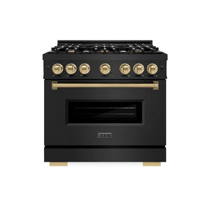 ZLINE Autograph Edition 36 in. 5.2 cu. ft. Classic Dual Fuel Range with 6 Burner Gas Cooktop and Electric Convection Oven in Black Stainless Steel with Champagne Bronze Accents (CDRBZ-36-CB) front, oven closed.