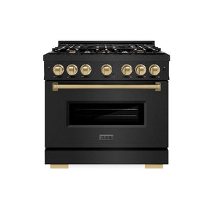 ZLINE Autograph Edition 36 in. 5.2 cu. ft. Classic Dual Fuel Range with 6 Burner Gas Cooktop and Electric Convection Oven in Black Stainless Steel with Champagne Bronze Accents (CDRBZ-36-CB) front.