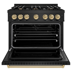ZLINE Autograph Edition 36 in. 5.2 cu. ft. Classic Dual Fuel Range with 6 Burner Gas Cooktop and Electric Convection Oven in Black Stainless Steel with Champagne Bronze Accents (CDRBZ-36-CB) front, oven open.