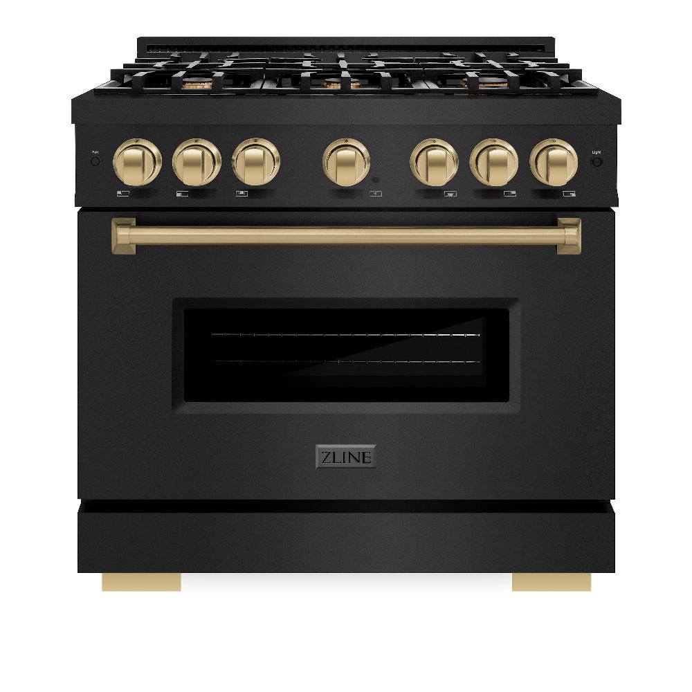 ZLINE Autograph Edition 36 in. 5.2 cu. ft. Classic Dual Fuel Range with 6 Burner Gas Cooktop and Electric Convection Oven in Black Stainless Steel with Champagne Bronze Accents (CDRBZ-36-CB) front, closed.