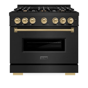ZLINE Autograph Edition 36 in. 5.2 cu. ft. Classic Dual Fuel Range with 6 Burner Gas Cooktop and Electric Convection Oven in Black Stainless Steel with Champagne Bronze Accents (CDRBZ-36-CB) front, oven closed.